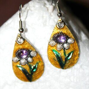 Hand Enameled Pink and Yellow Flower Earrings